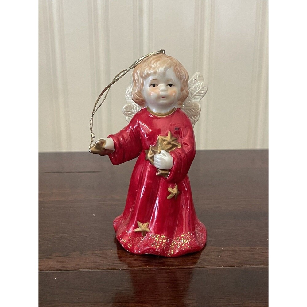 Vintage Porcelain Christmas Angel Ornament / Bell Red Dress Gold Stars 4.5in